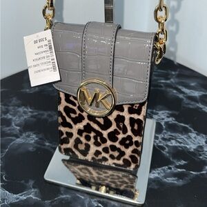 MICHAEL KORS Leopard Shoulder Crossbody Bag Gray Brown Leather AUTHENTIC NWT